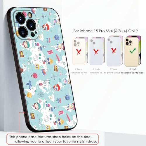 Cute Cartoon World Map Phone Case for iPhone 15 Pro Max - Soft & Shockproof Travel Style for Girls & Women (B1-Cartoon Cute Girly)