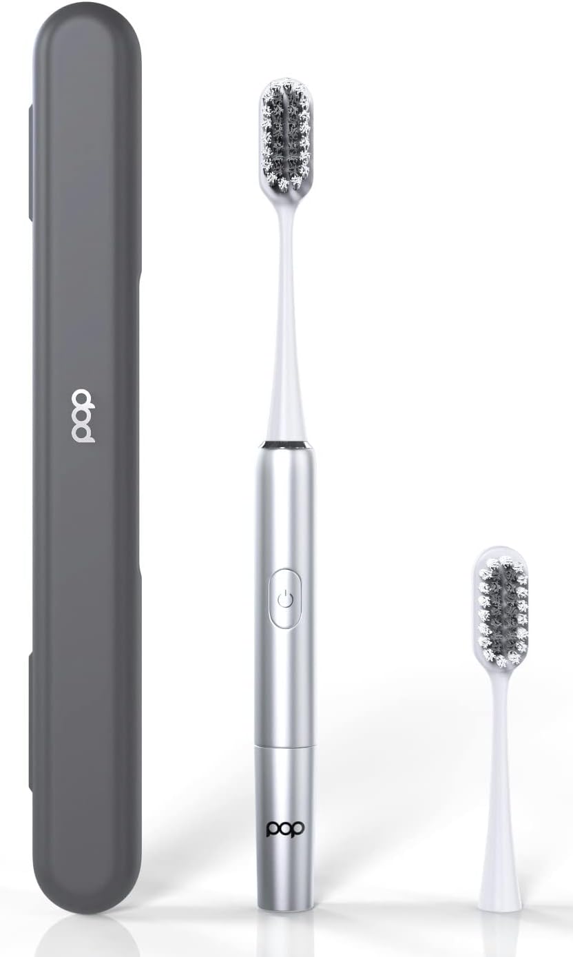 Pop Sonic Go Plus – Silver – Electric Toothbrush for Adults – 2 Speed – Bathroom Essentials & Travel Essentials – Dupont Nylon Bristles – 18000-24000 Strokes/Min w/AAA Battery – TSA Approved