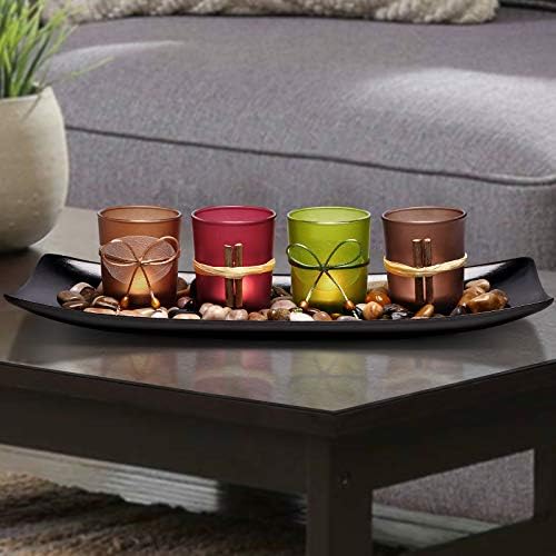 LAMORGIFT Home Decor Candle Holders Set for Coffee Table Decorations - Candle Holder Table Centerpieces for Dining, Living Room, Christmas Table Decor(Come with 4 Holders, Wood Tray and Stones)