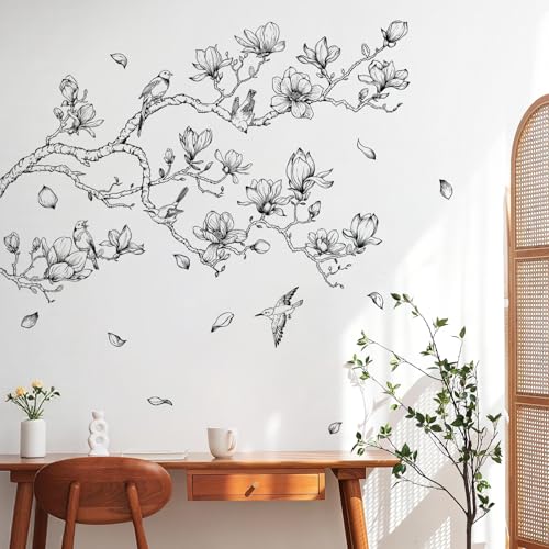 Supzopne Vintage Magnolia Tree Branch Wall Decal - Sketch Black Flower Birds Vinyl Stickers for Living Room Bedroom Home Decor 40 x 35.4 Removable Peel and Stick Simple Line Wall Art