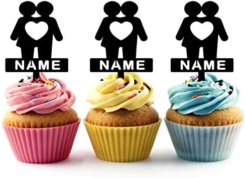 TA0700 Couple Love Heart Silhouette Party Wedding Birthday Acrylic Cupcake Toppers Decor 10 pcs with Personalized Your Name