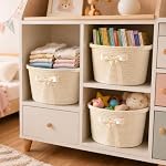 3 Pack Cream-colored Bow Baskets, Woven Cotton Rope Bins with Handles - Image 6
