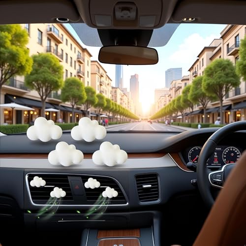 Image of 4 Pcs White Cloud Air Vent Clips, Cute Cloud Car Air Fresheners Vents Clips Car Diffuser Vent Clips Car Interior Decor Charm Cute Accessories Decoration for Women Automobile Aroma Diffusers