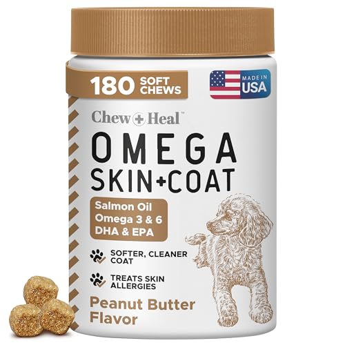 Omega for Dogs - 180 Delicious Soft Chews - Salmon Oil Treats for Skin and Coat, Itch Relief - Fish Oil Blend of Essential Fatty Acids, Omega 3, 6, and 9, and Vitamins - Peanut Butter Flavor