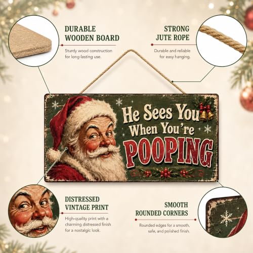 Image of Christmas Decorations - He Sees You When You're Pooping Funny Santa Sign