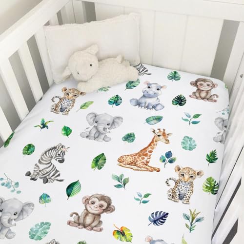 Jungle Safari Animals Tropical Leaf Baby Crib Sheets 52''x28'' Leopard Elephant Giraffe Zebra Hippo Monkey Stretchy Fitted Crib Mattress Cover for Boy Girl Bed Sheet for Standard Crib Toddler Mattress