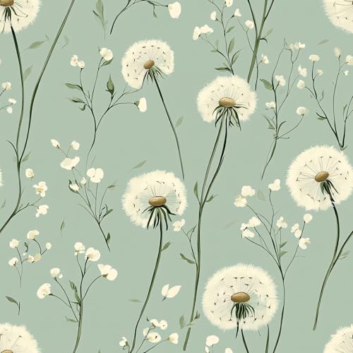 BKSTICK Green Floral Peel and Stick Wallpaper Self Adhesive Removable Thick Vinyl Dandelion Botanical Wallpaper for Bedroom Accent Wall Renter Friendly 17.7" x 118"