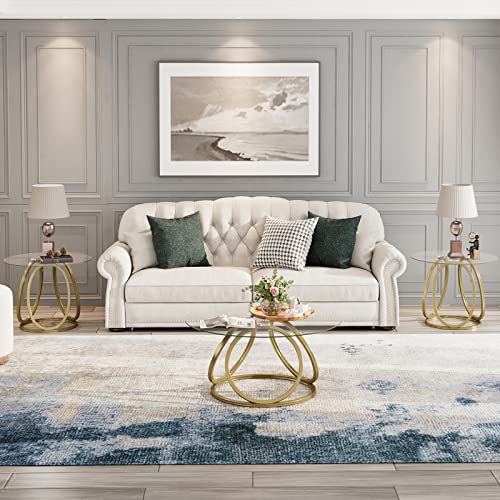 O&K Furniture Gold Coffee Table, Modern Round Glass Coffee Table For Living Room With Ring-Shaped Frames, Gold Glass Table For Home&Office,Gold Finish, 1Pc #TOP6