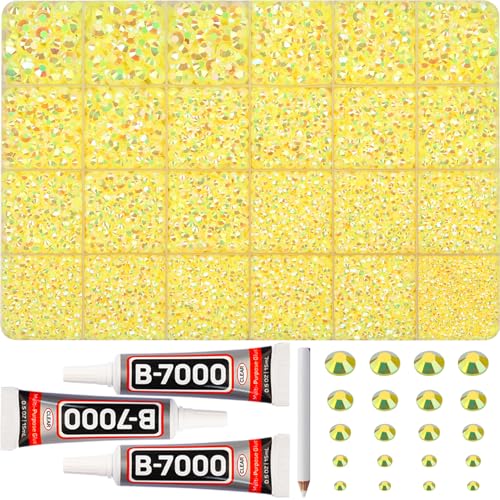 31000Pcs Yellow Rhinestones for Bedazzling Assorted Sizes 2-6mm Flatback Gems bedazzle Kit with B7000 Glue Flat Back Resin Rhine Stone Diamond Jewel Crystal Gemstone for Crafts Clothing