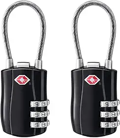 Kit 2 Cadeados com Senha Segredo para Viagem com Cabo de Aço, 8x3 cm, TSA, Seguro para Mala, Bagagem, Mochila e Armário (2, Preto)