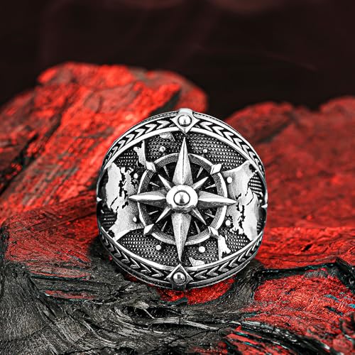 Compass and World Map Silver Ring, Mens Handmade Sailor Ring (11.5)4