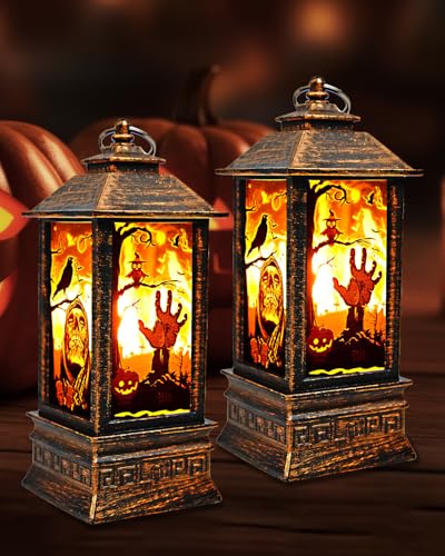 Lamptobe Decoração de Halloween, lanternas de Halloween com luz LED, decoração de Halloween portáteis, decoração Hallowen para festa de Halloween - 2 peças