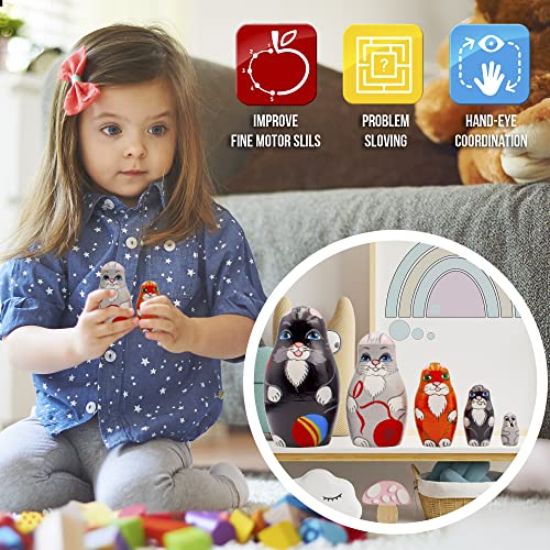 Cat Russian Nesting Dolls Set Of 5 Pcs - Matryoshka Doll With Cat Figurines - Wooden Nesting Dolls Cats - Cat Decor For Cat Lovers - Animal Nesting Dolls #TOP4