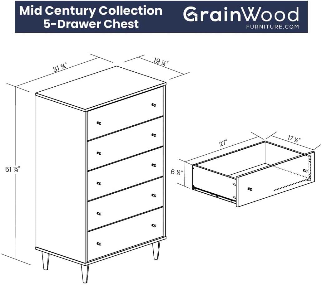 Grain Wood Furniture Mid Century 5-Drawer Chest, Brushed Walnut