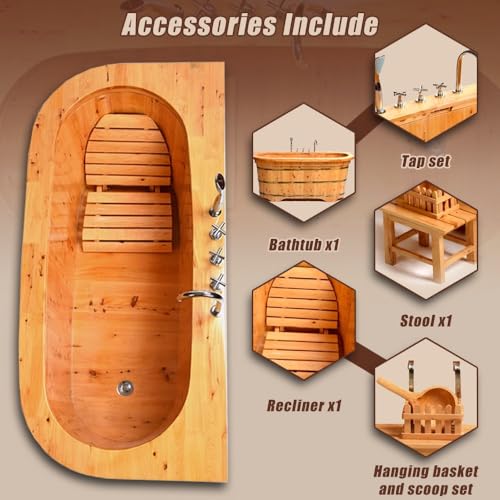 Naturholz-Badewanne mit Wasserhahn-Set – freistehende Badewanne für Erwachsene und Kinder, Outdoor-Bank und Wasserschaufel inklusive, familienfreundliches Design – Bild 4