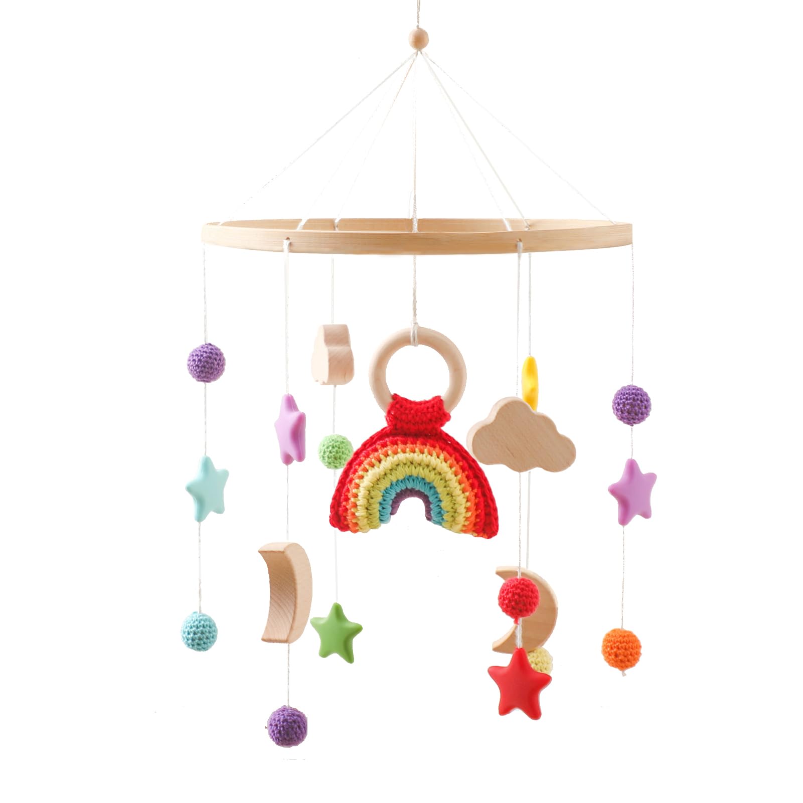 GLITZFAS Wind Chime, Mobile Baby Rainbow Clouds Stars Hanging Bed Bell Wooden with Felt Balls, Unisex Toy Gift for Newborns