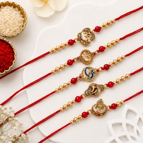 Image of eCraftIndia Red & Golden Set of 5 Om Symbol and Lord Ganesha Designer Religious Rakhi with Roli Chawal Pack