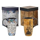 Topadorn Set of 2 Ceramic Travel Mug with Lid and Handle for Coffee Lovers, Splash Resistant Lid - To Go Tumbler for Car Cup Holder, 17oz Floral & Sailboat Art Tea Mug