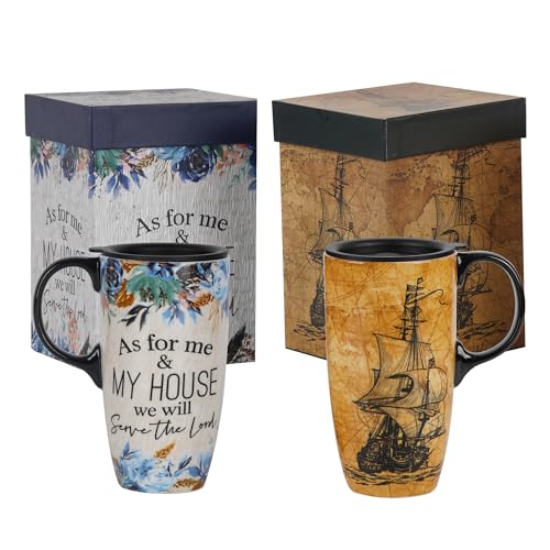 Topadorn Set of 2 Ceramic Travel Mug with Lid and Handle for Coffee Lovers, Splash Resistant Lid - To Go Tumbler for Car Cup Holder, 17oz Floral & Sailboat Art Tea Mug