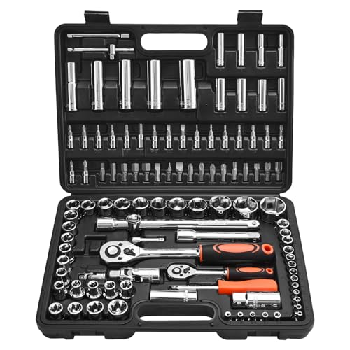 Image of VEVOR Socket Set, 108 Pieces, 1 /4 & 1 /2 inch Drive Socket and Ratchet Set, Metric Size from 4 to 32 mm, Mechanic Tool Kit with Bits, Accessories, Storage Case, CR-V Alloy Steel, for Automotive Repair