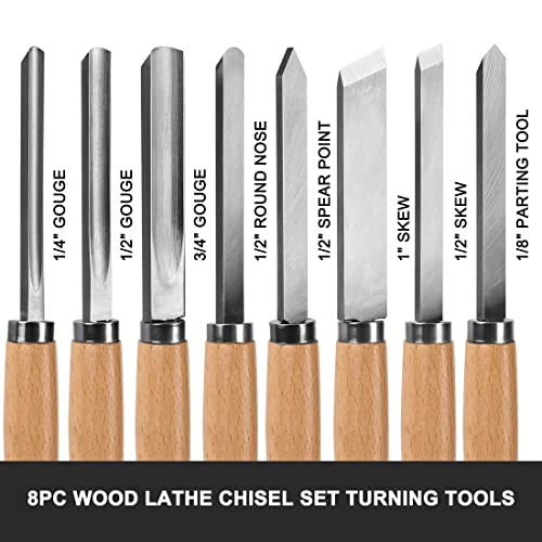 Hautmec Professional Wood Turning Chisel 8 Pcs Set, Lathe Chisel Set With 2 Skew 1 Spear Point 1 Parting 1 Round Nose & 3 Gouge Tools For Beginners thumb #2
