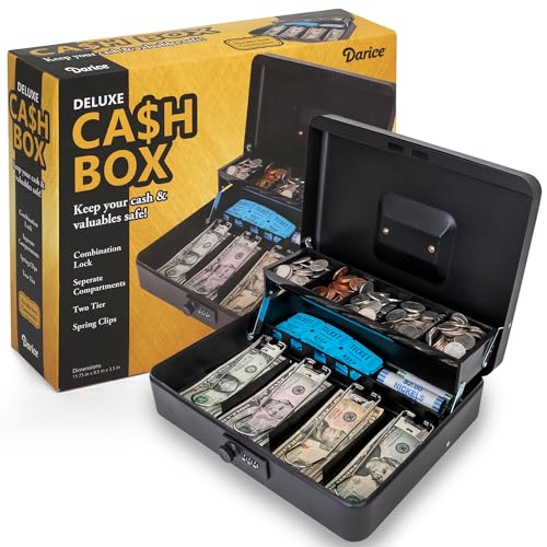 Darice SAFECash Box – Cofre extra grande para dinheiro – Organizador de caixa de dinheiro dobrável –
