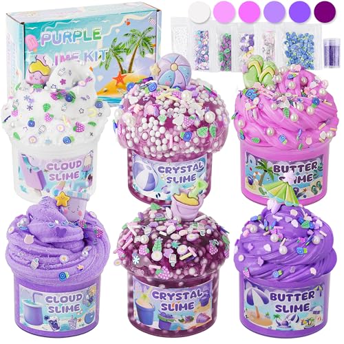 Kit de 6 paquetes de slime morado degradado, nube, mantequilla y limo transparente con complementos de playa, slime esponjoso para niñas y niños, relleno de bolsas de fiesta, kit de fabricación de 360