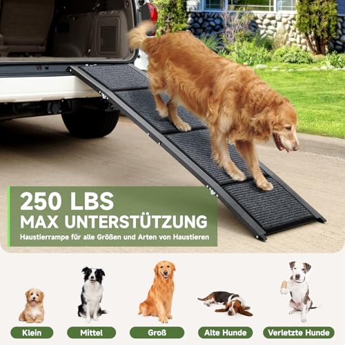 The Fellie Große Hunderampe Auto Klappbar 170CM, Hundetreppe Mit Rutschfester Teppichoberfläche Für Große, Mittlere Und Kleine Hunde, Tragbare Hunderampe Für SUV Auto & LKW, Hundetreppe Bis Zu 110KG