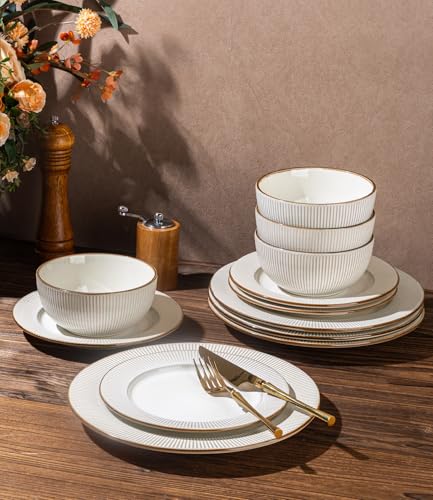 Image of GBHOME Ceramic Dinnerware Sets,16 pcs Embossed Elegant Stoneware Plates and Bowls Sets, Housewarming Wedding Gift | Dishwasher & Microwave Safe | Dishes Set Service for 4