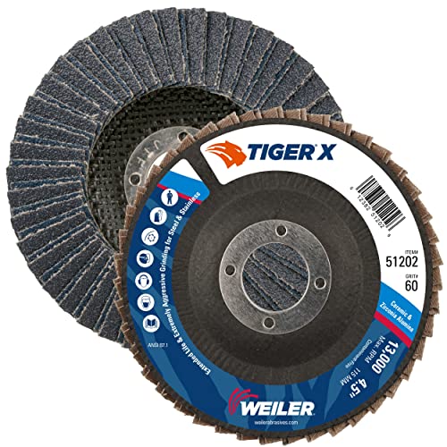 Image of Weiler 51202 Tiger X Flap Disc, Ceramic and Zirconia Alumina, Angled, Phenolic Backing, 60 Grit, 4-1 /2 inch, 7 /8 inch Arbor Hole (Pack of 10)