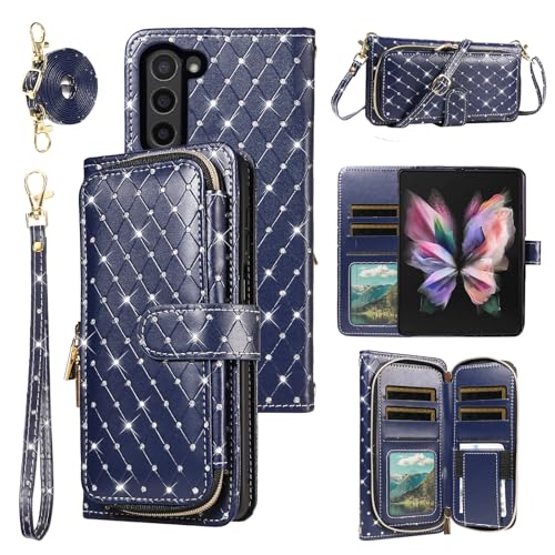 Asuwish Phone Cover for Samsung Galaxy Z Fold 5 5G 2023 Wallet Case Cell Zipper with Crossbody Lanyard Strap Bling Glitter Flip Card Holder Slot ZFold5 Z5 G Fold5 ZFold 5Z Women Girls Men Dark Blue