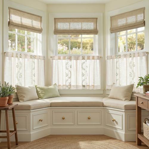 Image of jinchan Green Floral Linen Kitchen Tier Curtains 24 Inch, 2 Panels