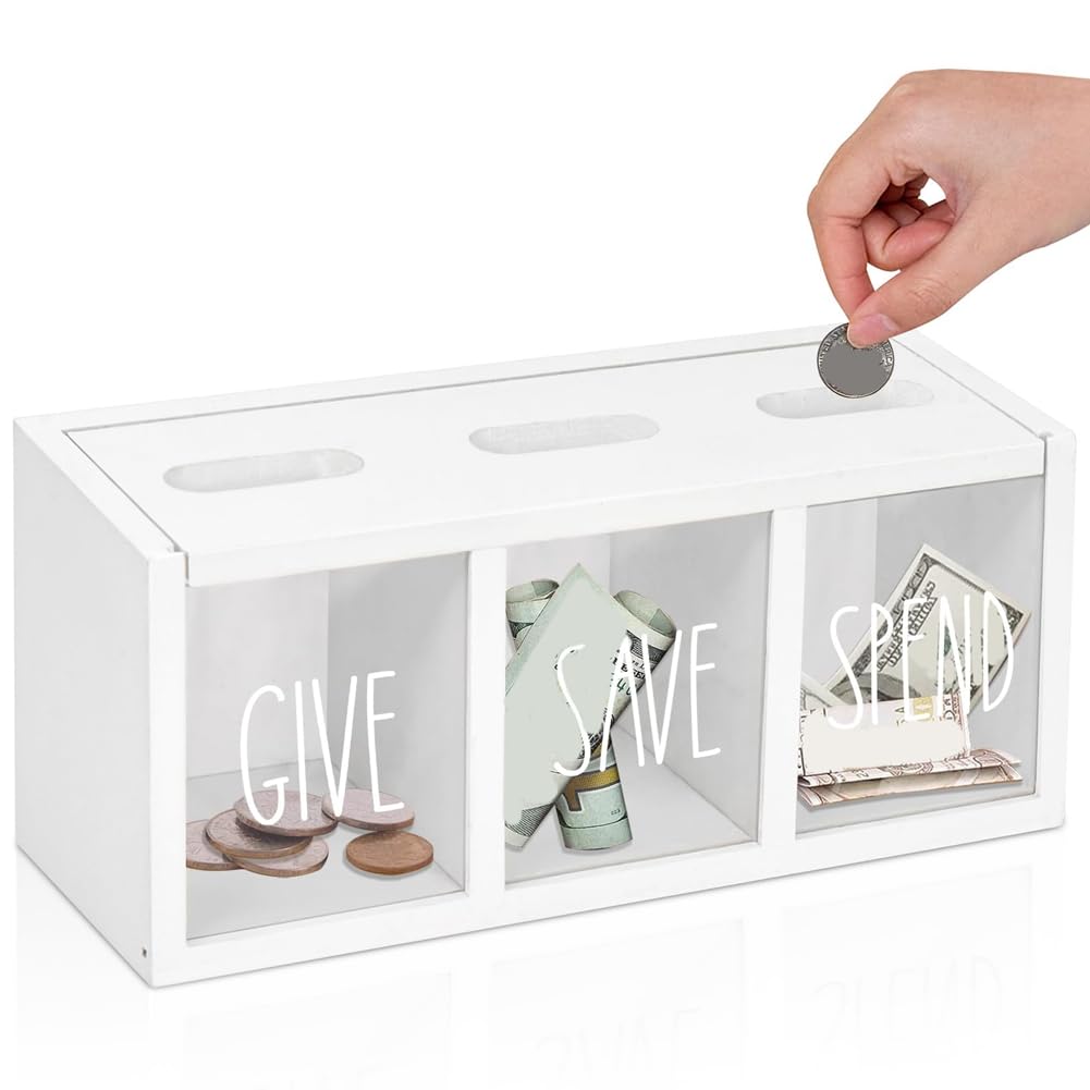 Lorrgasw White Wooden Give Save Spend Box For Kids, Countertop Kid Piggy Bank For Daily Cash, Wall-Mount Kids Bank