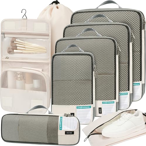 Image of BAGAIL 4 Set /6 Set /8 Set Compression Packing Cubes Travel Accessories Expandable Packing Organizers (Half Mesh, 8-Beige)