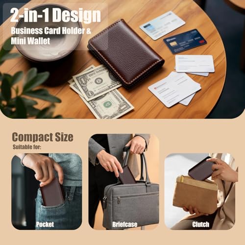 Image of Business Card Holder PU Leather with Magnetic Closure, Slim Pocket Name Card Case for Men & Women, Professional Card Wallet for Office & Travel (Brown)