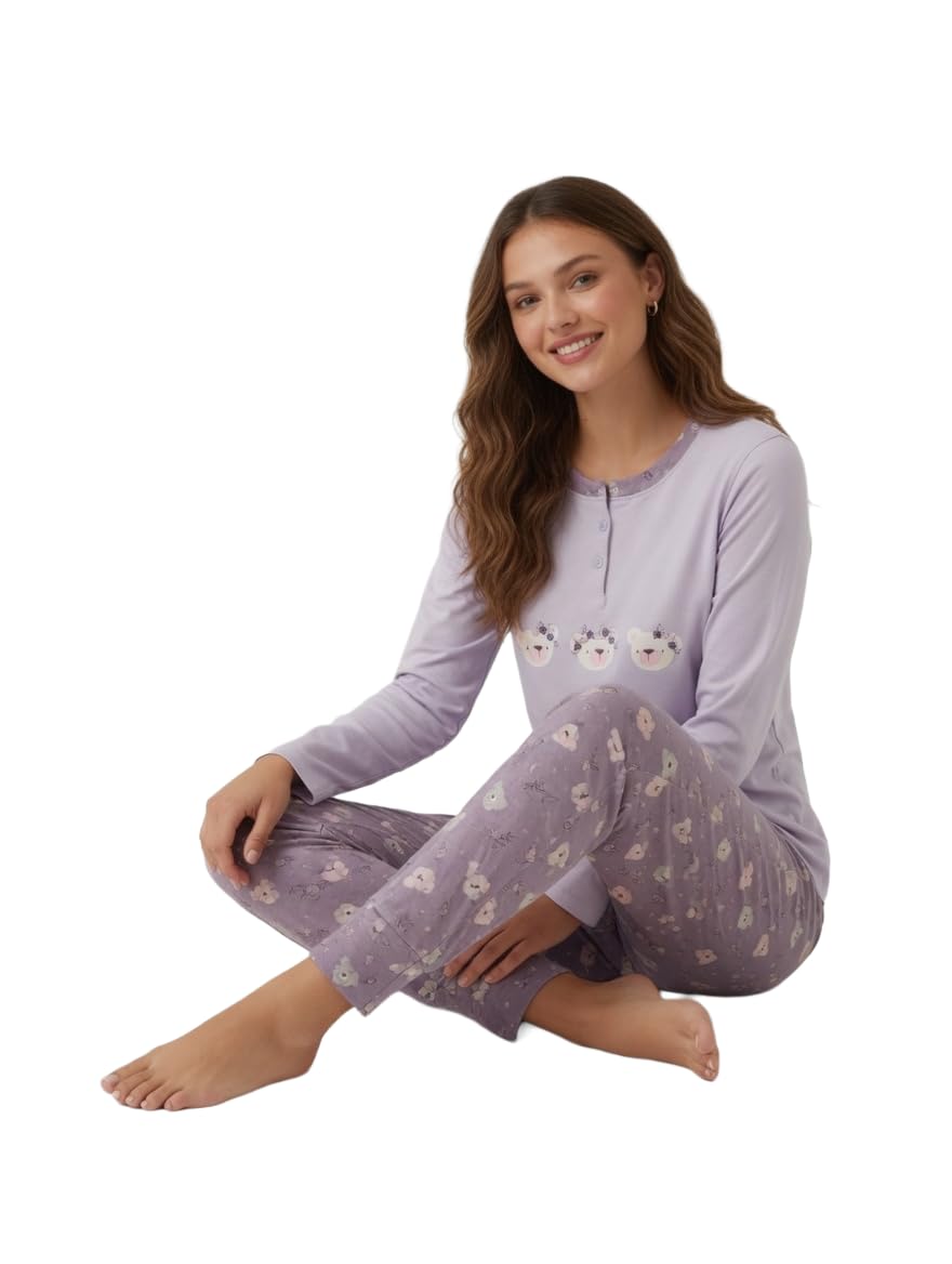 Pyjama femme en coton long - Pyjama femme coton léger été manches longues