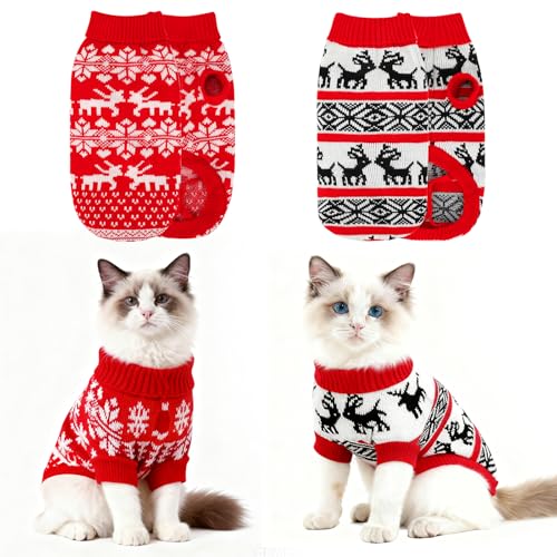 RANYPET 2 Stück Katzenpullover Weihnachten Welpen Gestrickter Pullover, Weihnachten Muster Strickwaren warme Haustier Pullover für Kätzchen und kleine Hunde