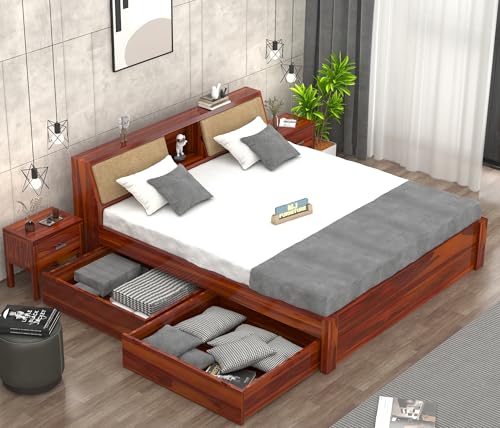 Image of Sheesham Wood King Size Bed with Drawer Storage Solid Wood Double Bed Palang Wooden Bed for Bedroom Living Room Furniture (Honey Finish)