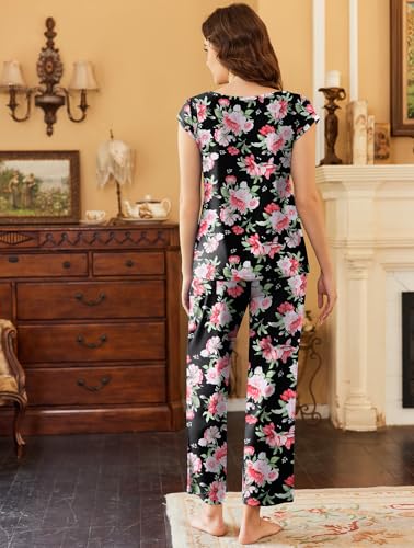 Image of Ekouaer Womens Pajama Sets Short Sleeve Sleepwear Tops and Long Pants V Neck Pjs 2 Piece Lounge Set with Pockets S-XXL