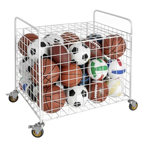 MyGift White Ball Cart with Wheels, Metal Rolling Sports Ball Storage Cage, Sports Equipment Organizer for Basketball, Football, Soccer, Volleyball