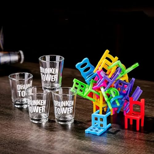 Image of Go Hooked Drunken Tower Stacking Chairs Game Set with 18 Mini Stools & 4 Shot Glasses - Fun Party Drinking Game for Adults, House Parties, Bars, College Nights & Festive Gatherings