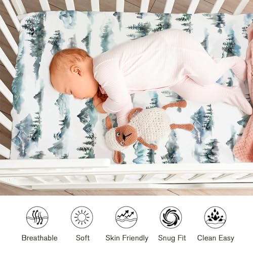 Image of Watercolor Misty Forest Painting Fitted Baby Crib Sheets for Girl Boy 52 inchx28 inch Mountain Foggy Crib Mattress Cover Soft Breathable Baby Bed Sheet for Standard Crib and Toddler Mattress