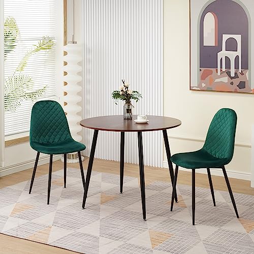 Table à manger ronde 90 cm effet bois et 2 chaises en velours vert pour petit espace