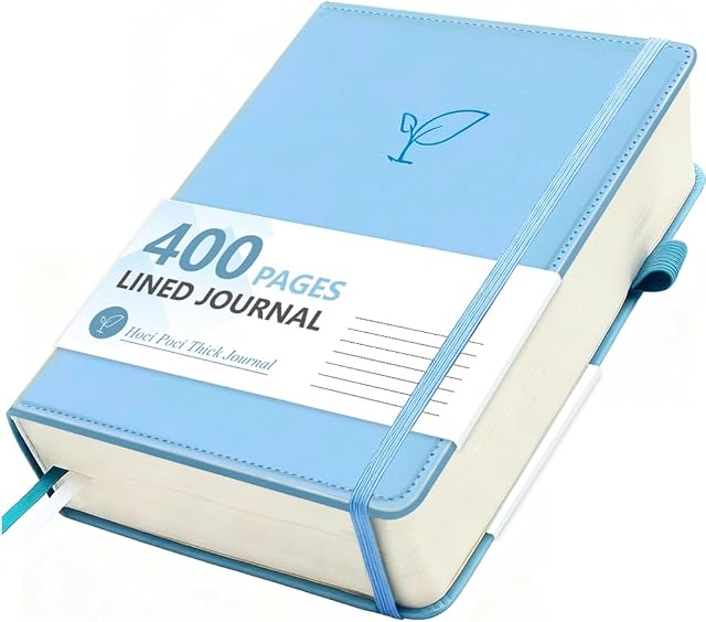 Hoci Poci Lined Journal Notebook, 400 Pages Thick Journal for Writing, A5 Hardcover Leather Notebook with 100Gsm College Ruled Paper for Women Men Work Note taking, 5.8" x 8.4", Light Blue
