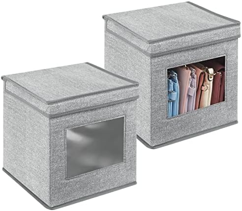 mDesign Fabric Stackable Square Cube Storage Organizer Box with Window/Attached Lid for Organizing Bedroom Closet - Holds Purses, Linens, Accessories - Lido Collection - 2 Pack - Gray