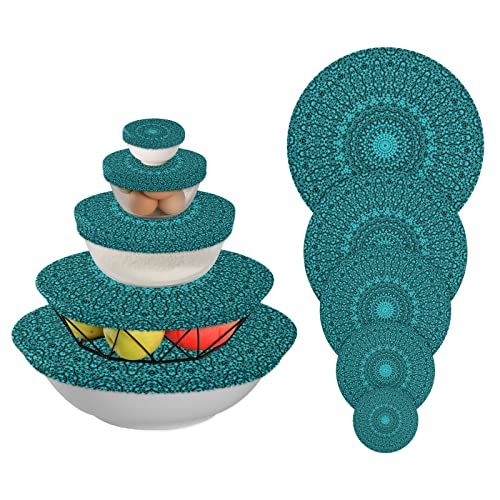 Teal Mandala Bowl Covers Reusable 5 Pieces Cloth Bowl Covers Food Bowl Covers Washable Elastic Food Storage Covers Cotton for Food Fruits Leftover