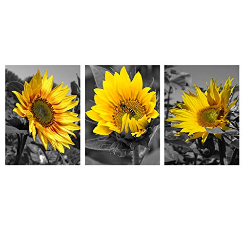 Sunflower Wall Art Painting Decor- Yellow Floral Flower Canvas Picture Black and White Posters Prints Nature Bee Rustic Farmhouse Artwork Living Room Bathroom Kitchen Decoration unframed 12x16 inch
