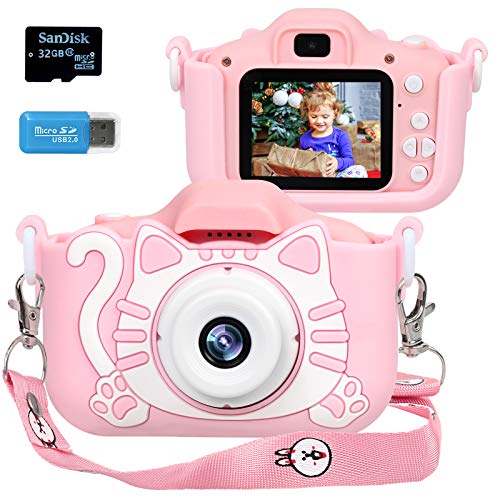 Langwolf Upgraded Girls Camera, 20MP Kids Digital Camera with 32GB TF Card for Children, 1000mAh Battery Electronic Selfie Toy Pink Camera, Girls Gift for 3 4 5 6 7 8 9 Years Old