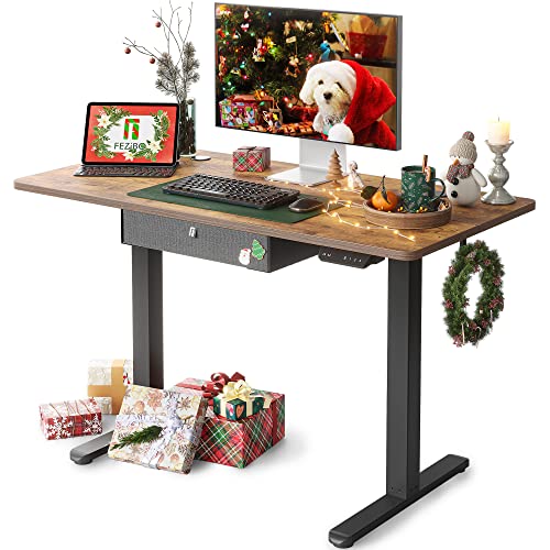FEZIBO 48 x 24 Inches Standing Desk with Drawer, Adjustable Height Electric Stand up Desk, Sit Stand Home Office Desk, Ergonomic Workstation Black Steel Frame/Rustic Brown Tabletop