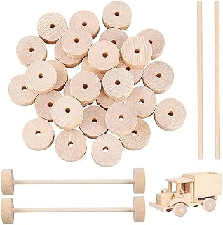 OLYCRAFT 20pcs Wood Wheels and 20pcs Sticks Unfinshed Wooden Wheel with Wooden Sticks Wooden Craft Wheels Tires with 5mm Holes for DIY Model Cars Wooden Crafting Projects - 46mm & 36mm